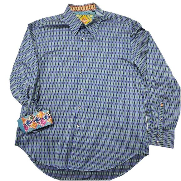 Robert Graham Men's 2XL Flip Cuff Blue Green Striped Geometric Dress Shirt - Picture 1 of 13